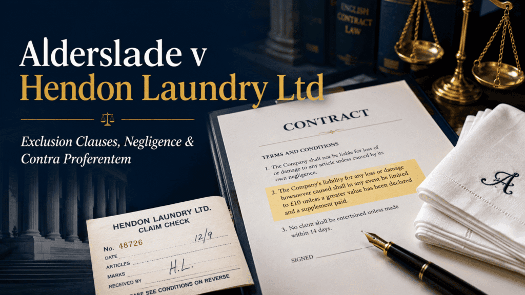 Alderslade v Hendon Laundry Ltd: Powerful Lesson on Exclusion Clauses 8 Alderslade v Hendon Laundry Ltd legal blog cover showing a contract, laundry claim ticket, folded handkerchiefs, and scales of justice.