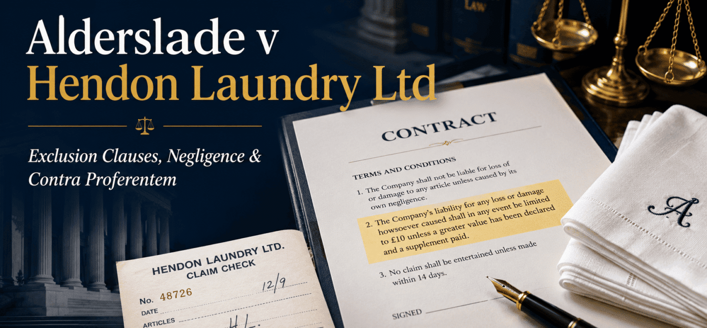 Alderslade v Hendon Laundry Ltd legal blog cover showing a contract, laundry claim ticket, folded handkerchiefs, and scales of justice.