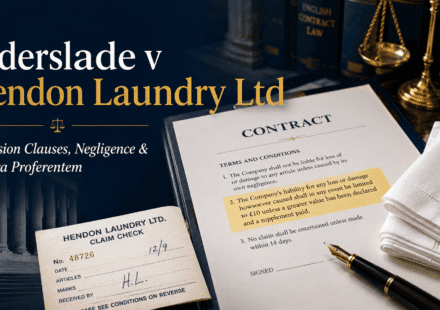 Alderslade v Hendon Laundry Ltd legal blog cover showing a contract, laundry claim ticket, folded handkerchiefs, and scales of justice.