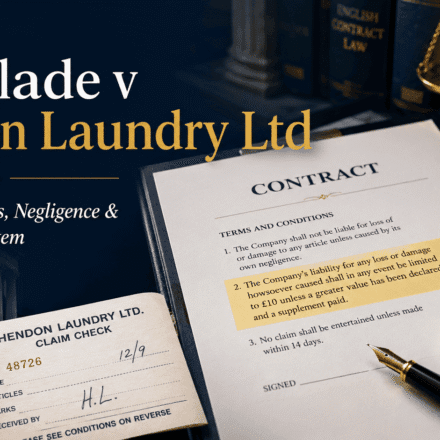 Alderslade v Hendon Laundry Ltd legal blog cover showing a contract, laundry claim ticket, folded handkerchiefs, and scales of justice.