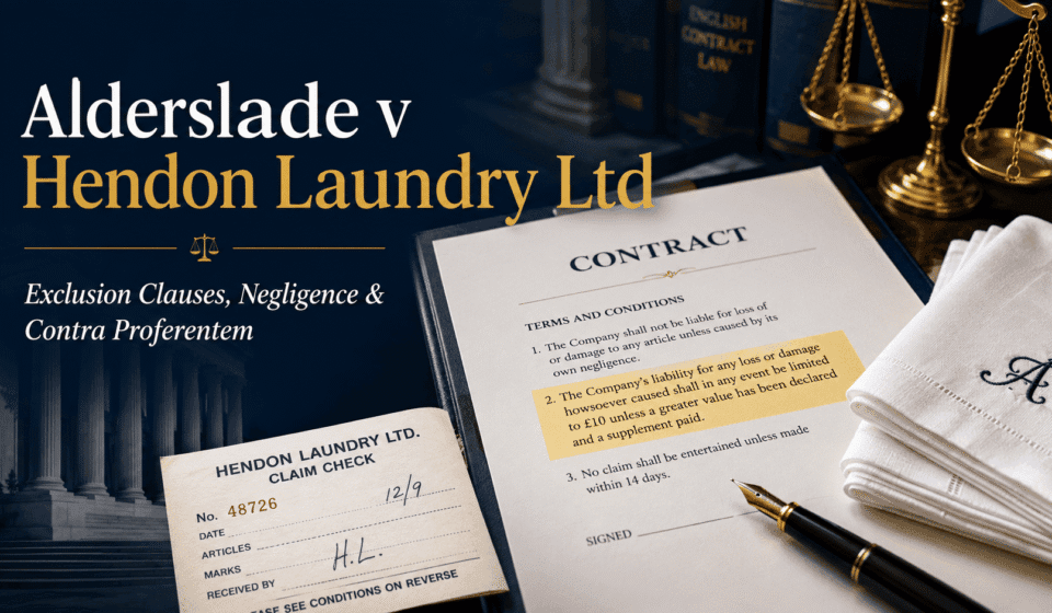 Alderslade v Hendon Laundry Ltd: Powerful Lesson on Exclusion Clauses Alderslade v Hendon Laundry Ltd legal blog cover showing a contract, laundry claim ticket, folded handkerchiefs, and scales of justice.