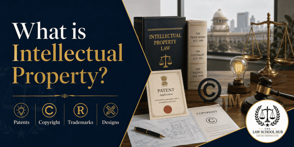 What Is Intellectual Property? A Complete, Simple Guide to Protect Creative Ideas in India 8 Professional blog cover image for “What is Intellectual Property?” featuring The Law School Hub logo, intellectual property law books, patent application, copyright document, trademark symbol, design sketches, legal scales, gavel, and innovation lightbulb.