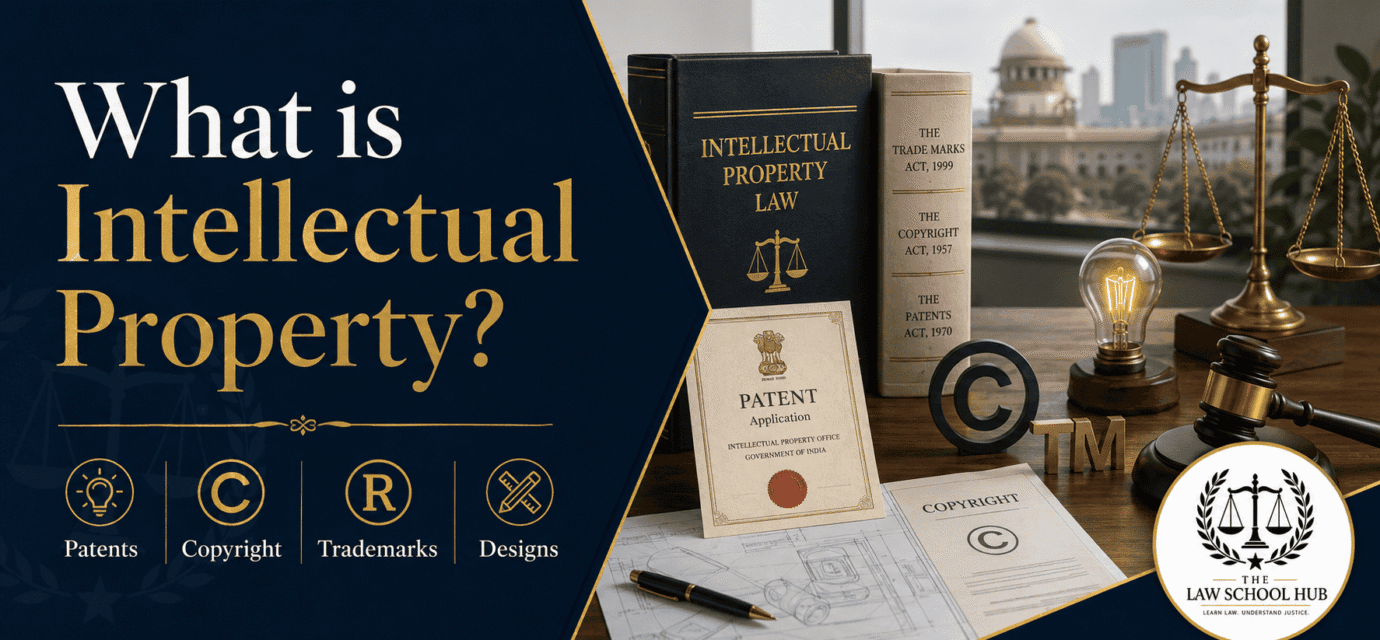 Professional blog cover image for “What is Intellectual Property?” featuring The Law School Hub logo, intellectual property law books, patent application, copyright document, trademark symbol, design sketches, legal scales, gavel, and innovation lightbulb.