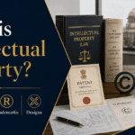 Professional blog cover image for “What is Intellectual Property?” featuring The Law School Hub logo, intellectual property law books, patent application, copyright document, trademark symbol, design sketches, legal scales, gavel, and innovation lightbulb.