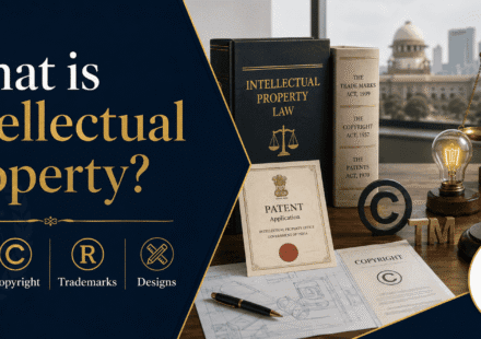 Professional blog cover image for “What is Intellectual Property?” featuring The Law School Hub logo, intellectual property law books, patent application, copyright document, trademark symbol, design sketches, legal scales, gavel, and innovation lightbulb.