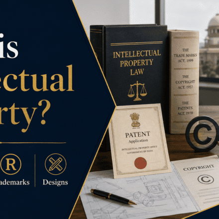 Professional blog cover image for “What is Intellectual Property?” featuring The Law School Hub logo, intellectual property law books, patent application, copyright document, trademark symbol, design sketches, legal scales, gavel, and innovation lightbulb.