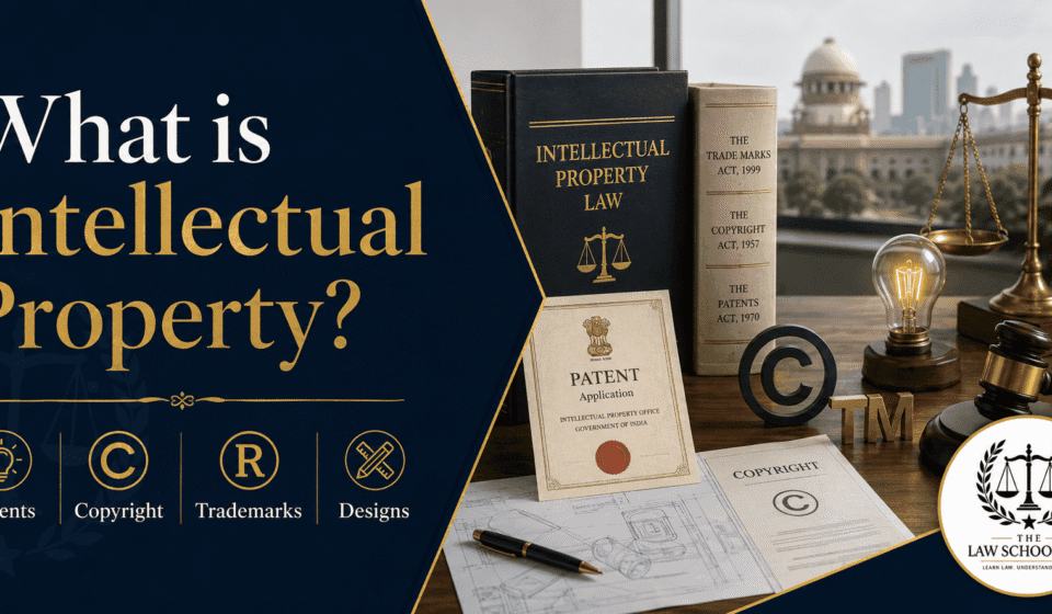 What Is Intellectual Property? A Complete, Simple Guide to Protect Creative Ideas in India Professional blog cover image for “What is Intellectual Property?” featuring The Law School Hub logo, intellectual property law books, patent application, copyright document, trademark symbol, design sketches, legal scales, gavel, and innovation lightbulb.