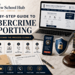 Step-by-step cybercrime reporting guide cover showing six reporting steps, complaint form, evidence documents, National Cyber Crime Reporting Portal, cybercrime reporting phone screen, Information Technology Act book, and gavel.