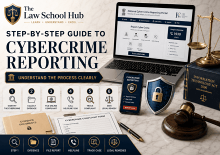 Step-by-step cybercrime reporting guide cover showing six reporting steps, complaint form, evidence documents, National Cyber Crime Reporting Portal, cybercrime reporting phone screen, Information Technology Act book, and gavel.