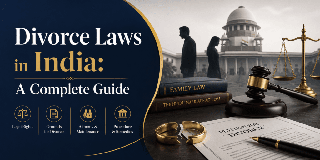 Divorce Laws in India: A Complete Guide 8 Professional blog cover image for “Divorce Laws in India: A Complete Guide” featuring legal scales, a judge’s gavel, divorce petition papers, broken wedding rings, Indian court imagery, and family law books.
