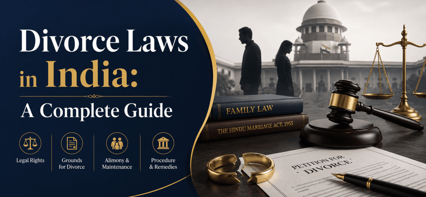 Professional blog cover image for “Divorce Laws in India: A Complete Guide” featuring legal scales, a judge’s gavel, divorce petition papers, broken wedding rings, Indian court imagery, and family law books.