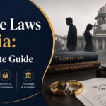 Professional blog cover image for “Divorce Laws in India: A Complete Guide” featuring legal scales, a judge’s gavel, divorce petition papers, broken wedding rings, Indian court imagery, and family law books.