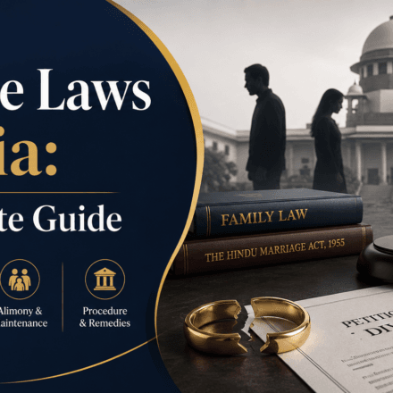 Professional blog cover image for “Divorce Laws in India: A Complete Guide” featuring legal scales, a judge’s gavel, divorce petition papers, broken wedding rings, Indian court imagery, and family law books.