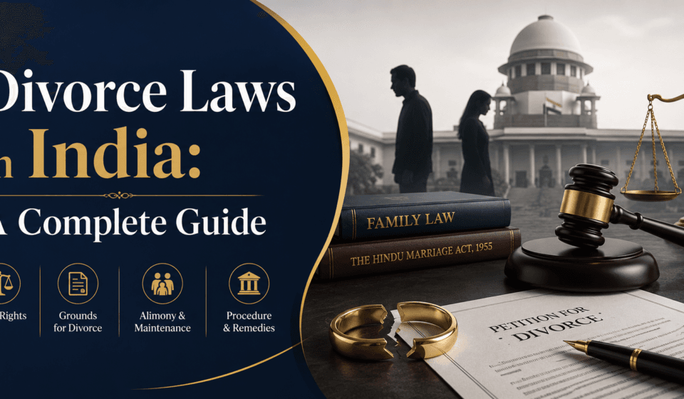 Divorce Laws in India: A Complete Guide Professional blog cover image for “Divorce Laws in India: A Complete Guide” featuring legal scales, a judge’s gavel, divorce petition papers, broken wedding rings, Indian court imagery, and family law books.