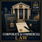 Corporate and Commercial Law category cover featuring a corporate building, company agreement, law book, briefcase, growth chart, and The Law School Hub logo.