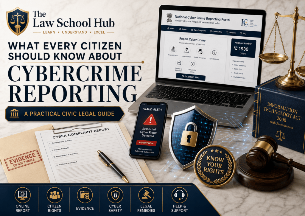 What Every Citizen Should Know About Cybercrime Reporting in India: Your Rights, Your Power 1 Citizen cybercrime reporting guide cover showing cyber complaint report form, National Cyber Crime Reporting Portal, fraud alert phone, know your rights badge, Information Technology Act book, gavel, and justice scales.