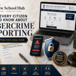 Citizen cybercrime reporting guide cover showing cyber complaint report form, National Cyber Crime Reporting Portal, fraud alert phone, know your rights badge, Information Technology Act book, gavel, and justice scales.