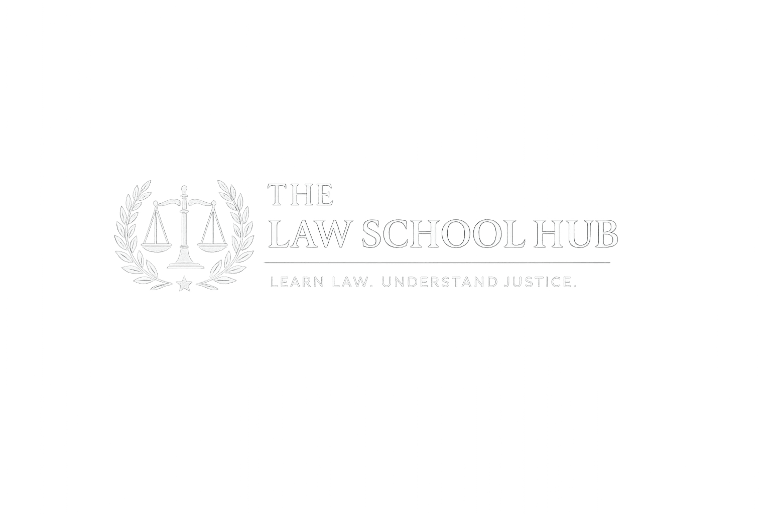 White and silver Law School Hub logo featuring scales of justice inside a laurel wreath with the tagline “Learn Law. Understand Justice.” designed for dark mode backgrounds.