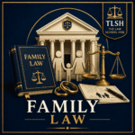Family Law category cover featuring family figures, wedding rings, legal documents, scales of justice, courthouse, and The Law School Hub logo.