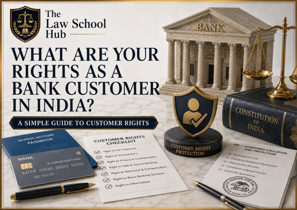 Know Your Bank Customer Rights in India: Powerful Legal Protections Every Account Holder Must Understand 1 Bank customer rights in India blog cover showing debit card, passbook, customer rights checklist, RBI consumer protection paper, Constitution book, and scales of justice.