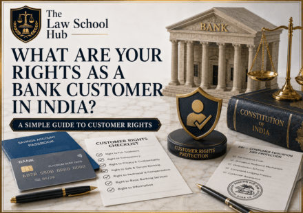 Bank customer rights in India blog cover showing debit card, passbook, customer rights checklist, RBI consumer protection paper, Constitution book, and scales of justice.