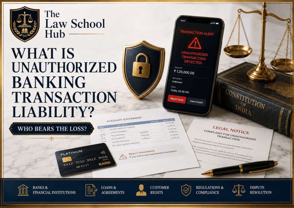 Unauthorised Banking Transaction Liability in India: Who Really Bears the Loss and How to Protect Your Money Now 1 Unauthorized banking transaction liability cover showing fraud alert on phone, security shield, debit card, account statement, legal notice, Constitution book, and scales of justice.