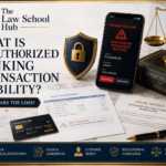 Unauthorized banking transaction liability cover showing fraud alert on phone, security shield, debit card, account statement, legal notice, Constitution book, and scales of justice.