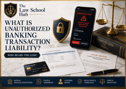 Unauthorized banking transaction liability cover showing fraud alert on phone, security shield, debit card, account statement, legal notice, Constitution book, and scales of justice.