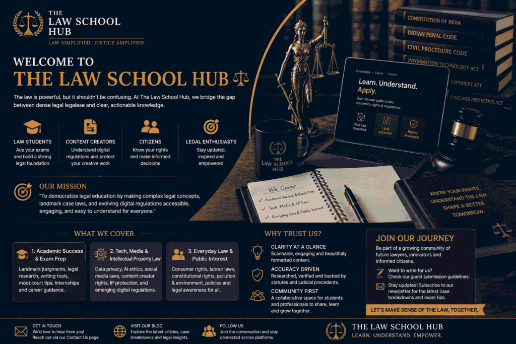 About Us 1 Professional “Welcome to The Law School Hub” banner featuring legal symbols, Lady Justice statue, law books, a judge’s gavel, and a laptop displaying educational legal content for law students, content creators, citizens, and legal enthusiasts.