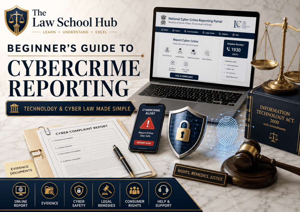 Beginner's Guide to Cybercrime Reporting in India: What You Must Know Right Now 1 Cybercrime reporting blog cover showing National Cyber Crime Reporting Portal, cyber complaint report form, smartphone alert, Information Technology Act book, shield icon, gavel, and scales of justice.