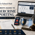 Cybercrime reporting blog cover showing National Cyber Crime Reporting Portal, cyber complaint report form, smartphone alert, Information Technology Act book, shield icon, gavel, and scales of justice.