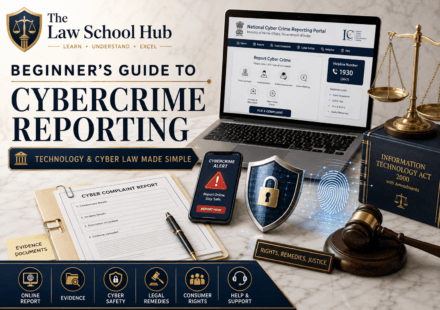 Cybercrime reporting blog cover showing National Cyber Crime Reporting Portal, cyber complaint report form, smartphone alert, Information Technology Act book, shield icon, gavel, and scales of justice.
