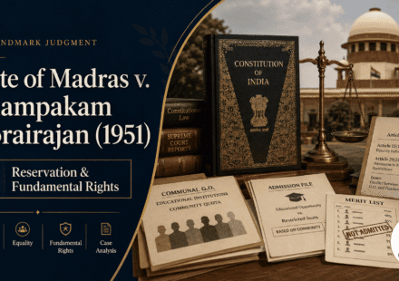 State of Madras v Champakam Dorairajan 1951 legal blog cover showing Constitution of India, Supreme Court, communal G.O., merit list, and reservation versus fundamental rights.