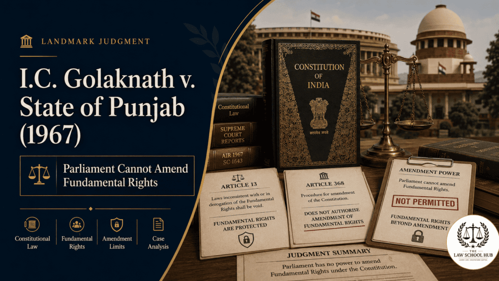 I.C. Golaknath v. State of Punjab (1967): The Historic Ruling That Said Parliament Cannot Touch Your Fundamental Rights 1 I.C. Golaknath v State of Punjab 1967 legal blog cover showing Constitution of India, Article 13, Article 368, amendment power documents, and Parliament cannot amend Fundamental Rights.