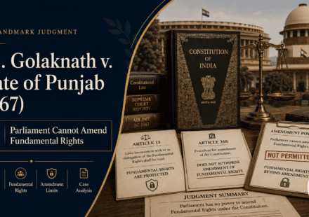 I.C. Golaknath v State of Punjab 1967 legal blog cover showing Constitution of India, Article 13, Article 368, amendment power documents, and Parliament cannot amend Fundamental Rights.