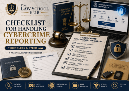Cybercrime reporting checklist cover image showing reporting checklist clipboard, cybercrime report form, digital evidence file, National Cyber Crime Reporting Portal, Information Technology Act 2000, and cyber police icons.