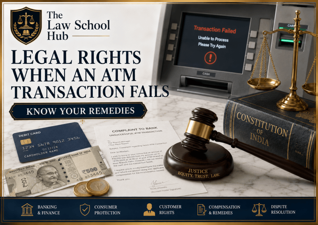 ATM Transaction Failed in India? These Are Your Legal Rights and How to Get Every Rupee Back 1 Failed ATM transaction cover showing ATM screen with transaction failed alert, debit card, cash, complaint letter, gavel, Constitution book, and scales of justice.