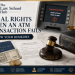 Failed ATM transaction cover showing ATM screen with transaction failed alert, debit card, cash, complaint letter, gavel, Constitution book, and scales of justice.