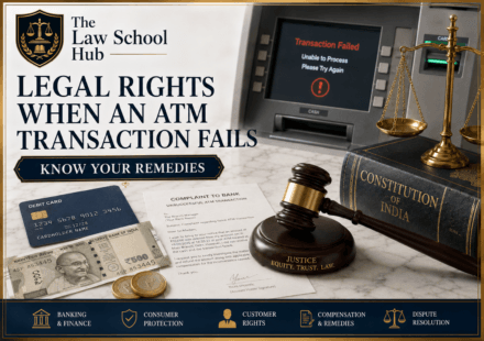 Failed ATM transaction cover showing ATM screen with transaction failed alert, debit card, cash, complaint letter, gavel, Constitution book, and scales of justice.