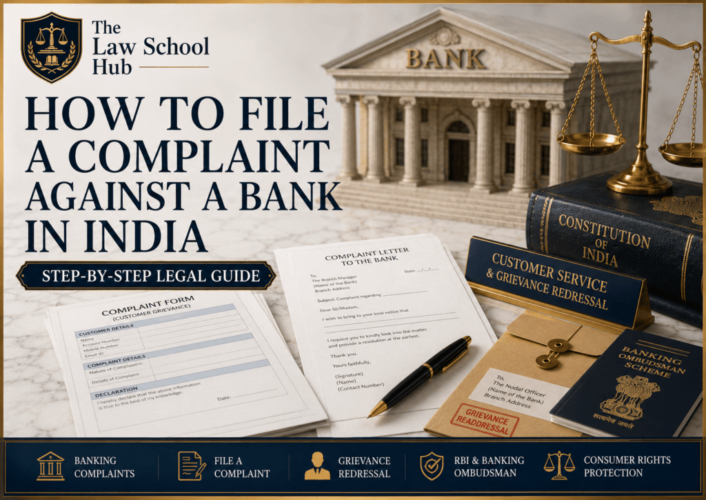 How to File a Complaint Against a Bank in India: Your Free Step-by-Step Legal Guide That Actually Works 1 Bank complaint guide cover showing complaint form, complaint letter, grievance redressal file, Banking Ombudsman booklet, Constitution of India, bank building, and scales of justice.