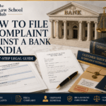 Bank complaint guide cover showing complaint form, complaint letter, grievance redressal file, Banking Ombudsman booklet, Constitution of India, bank building, and scales of justice.
