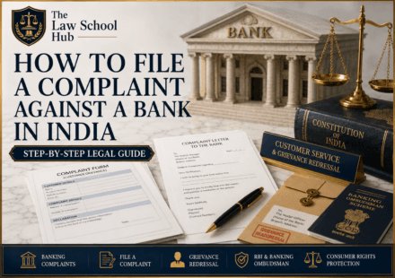 Bank complaint guide cover showing complaint form, complaint letter, grievance redressal file, Banking Ombudsman booklet, Constitution of India, bank building, and scales of justice.