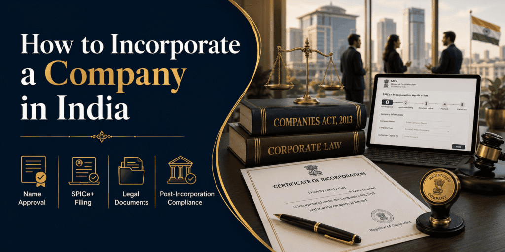 How to Incorporate a Company in India? A Powerful Step-by-Step Legal Guide for Founders 8 Professional blog cover image for “How to Incorporate a Company in India” featuring Companies Act 2013 books, MCA SPICe+ filing screen, certificate of incorporation, legal scales, company seal, and Indian business professionals.