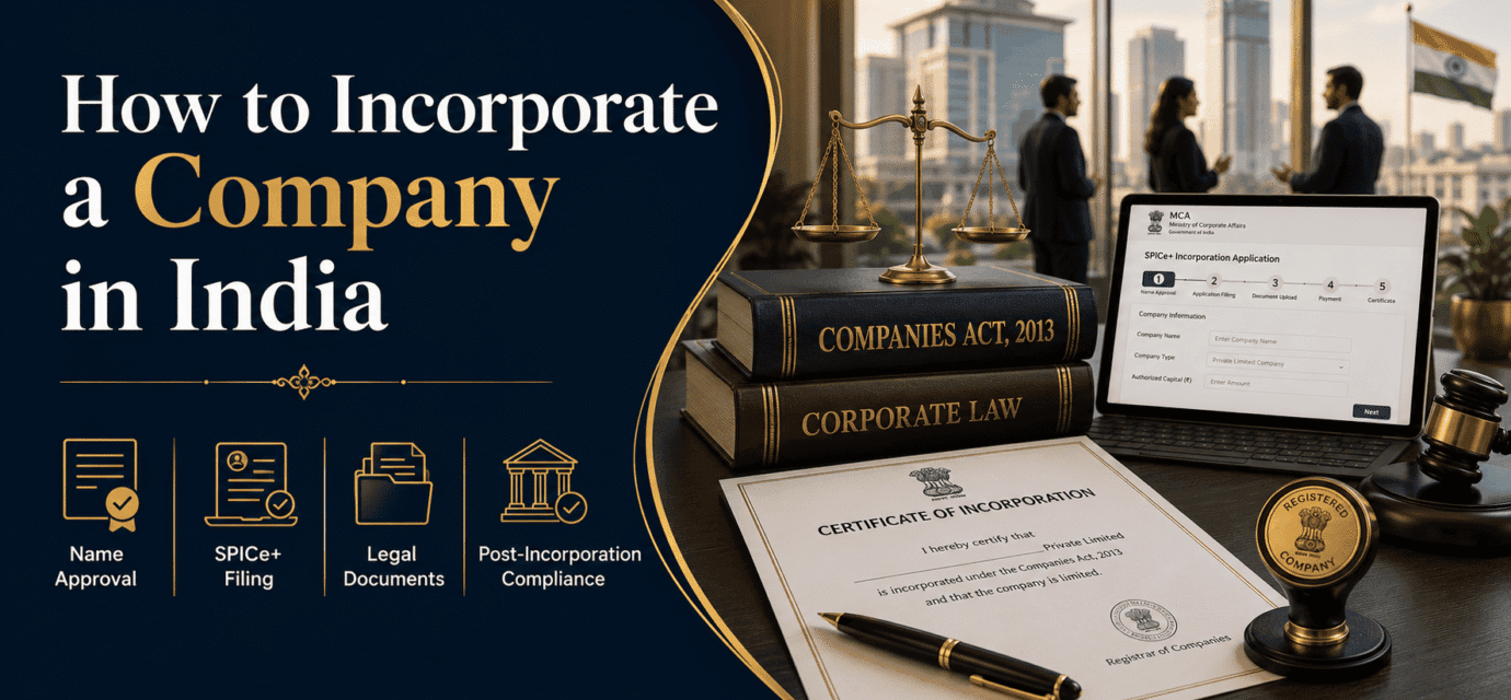 Professional blog cover image for “How to Incorporate a Company in India” featuring Companies Act 2013 books, MCA SPICe+ filing screen, certificate of incorporation, legal scales, company seal, and Indian business professionals.