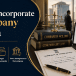Professional blog cover image for “How to Incorporate a Company in India” featuring Companies Act 2013 books, MCA SPICe+ filing screen, certificate of incorporation, legal scales, company seal, and Indian business professionals.