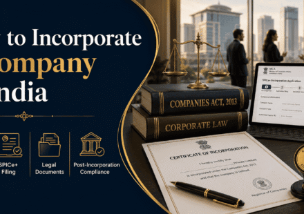 Professional blog cover image for “How to Incorporate a Company in India” featuring Companies Act 2013 books, MCA SPICe+ filing screen, certificate of incorporation, legal scales, company seal, and Indian business professionals.