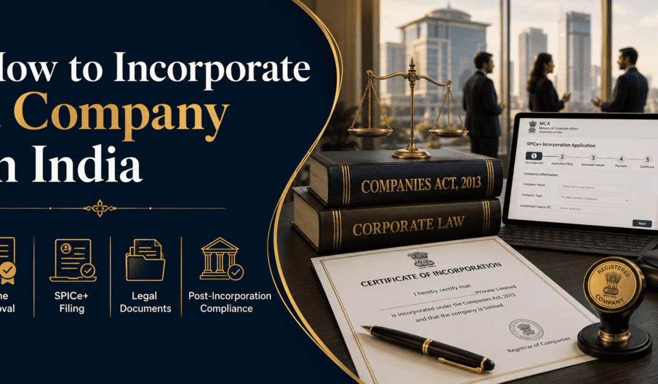 How to Incorporate a Company in India? A Powerful Step-by-Step Legal Guide for Founders Professional blog cover image for “How to Incorporate a Company in India” featuring Companies Act 2013 books, MCA SPICe+ filing screen, certificate of incorporation, legal scales, company seal, and Indian business professionals.