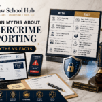 Common myths about cybercrime reporting cover showing myths vs facts board, National Cyber Crime Reporting Portal, cyber alert phone, cyber complaint report, shield icon, Information Technology Act book, gavel, and scales of justice.