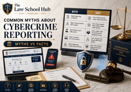 Common myths about cybercrime reporting cover showing myths vs facts board, National Cyber Crime Reporting Portal, cyber alert phone, cyber complaint report, shield icon, Information Technology Act book, gavel, and scales of justice.