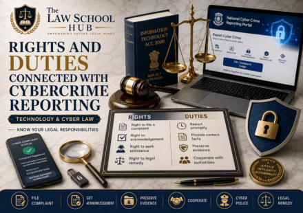 Rights and duties of cybercrime reporting cover image showing legal rights board, National Cyber Crime Reporting Portal, Information Technology Act 2000, complaint status phone, scales of justice, and cyber security shield.